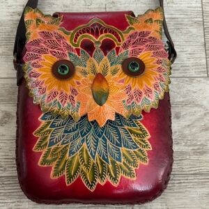 Vibrant Owl Embossed Leather Crossbody Bag